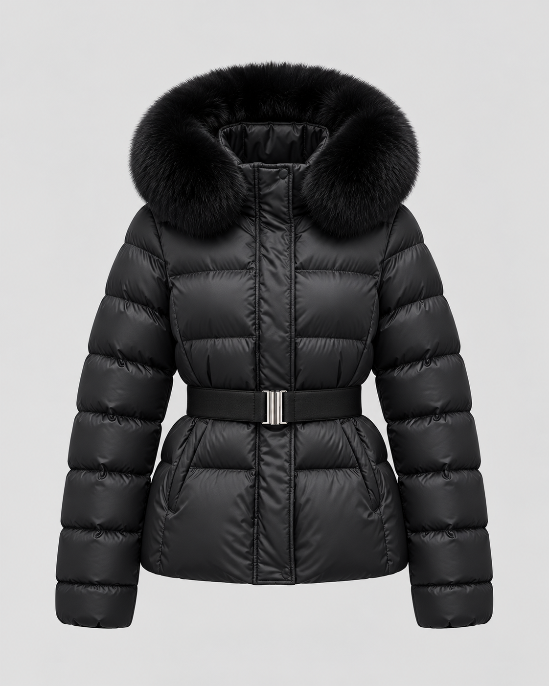 Women's Puffer Jacket - Fur-Trim Hood Belted Waist