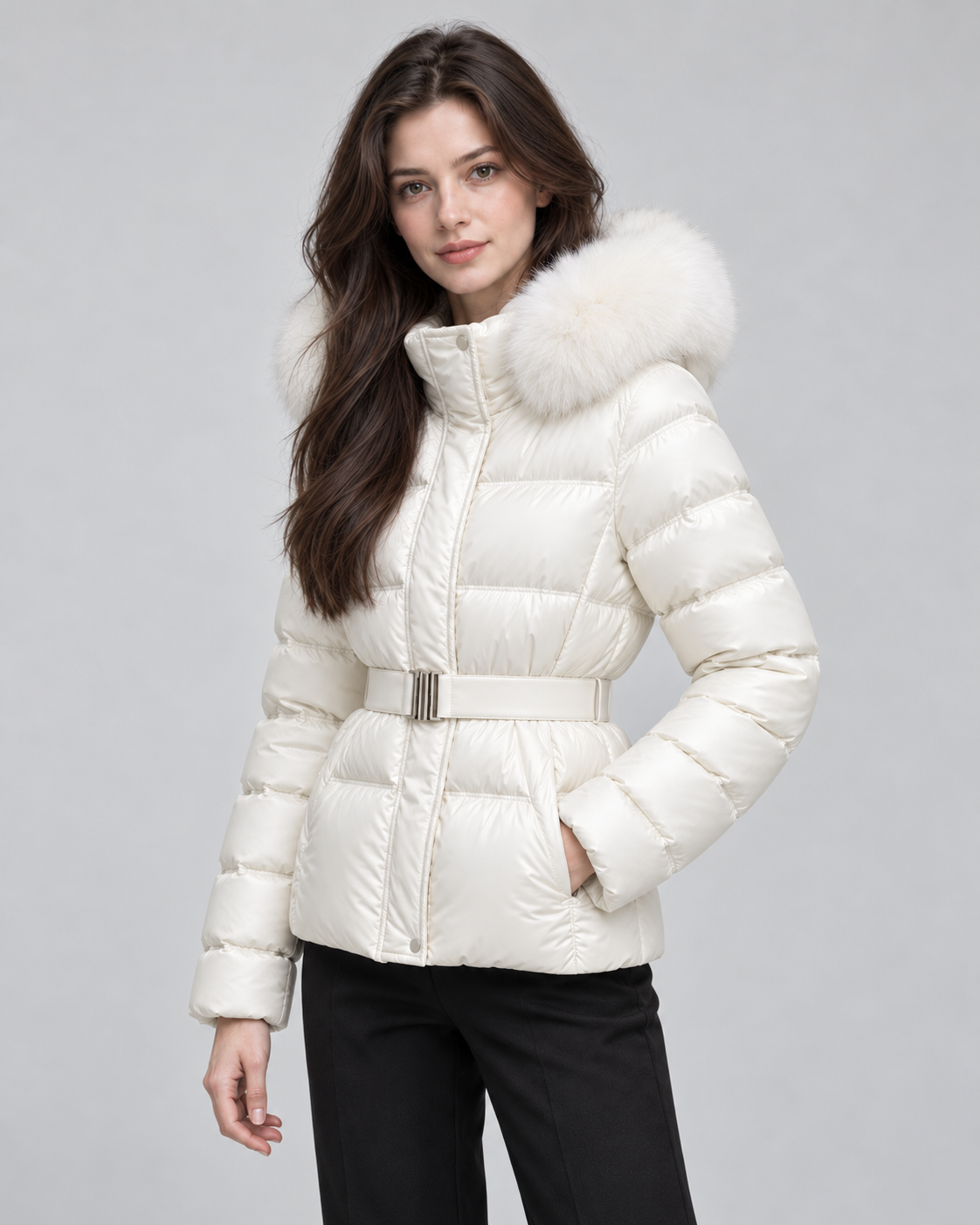 Women's Puffer Jacket - Fur-Trim Hood Belted Waist