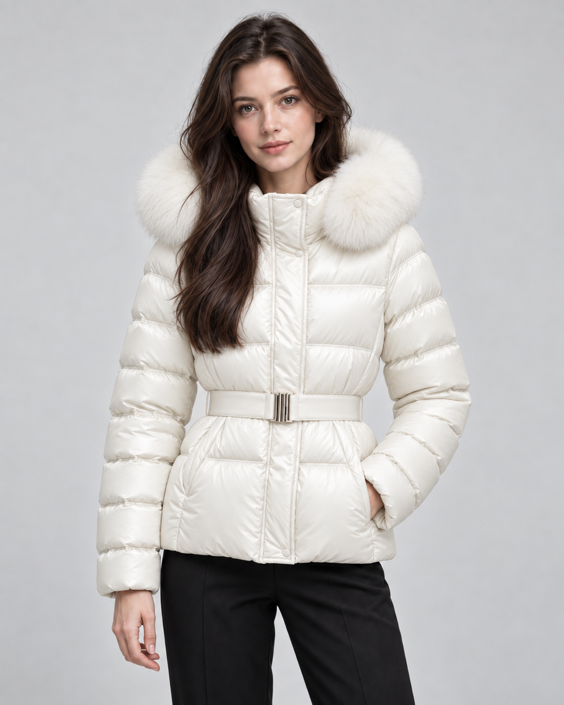 Women's Puffer Jacket - Fur-Trim Hood Belted Waist
