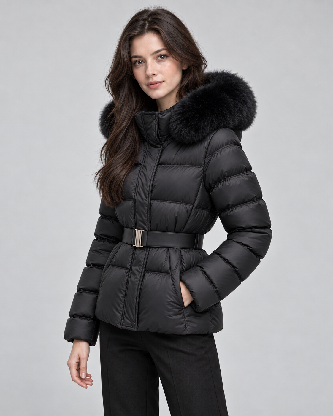Women's Puffer Jacket - Fur-Trim Hood Belted Waist
