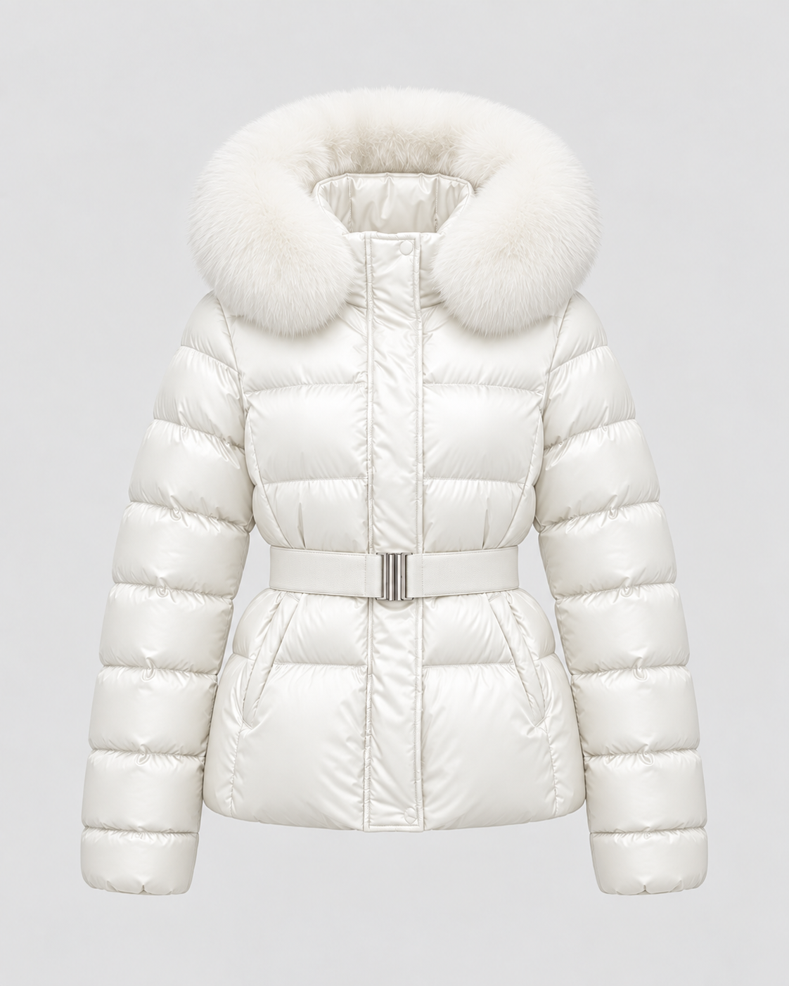 Women's Puffer Jacket - Fur-Trim Hood Belted Waist