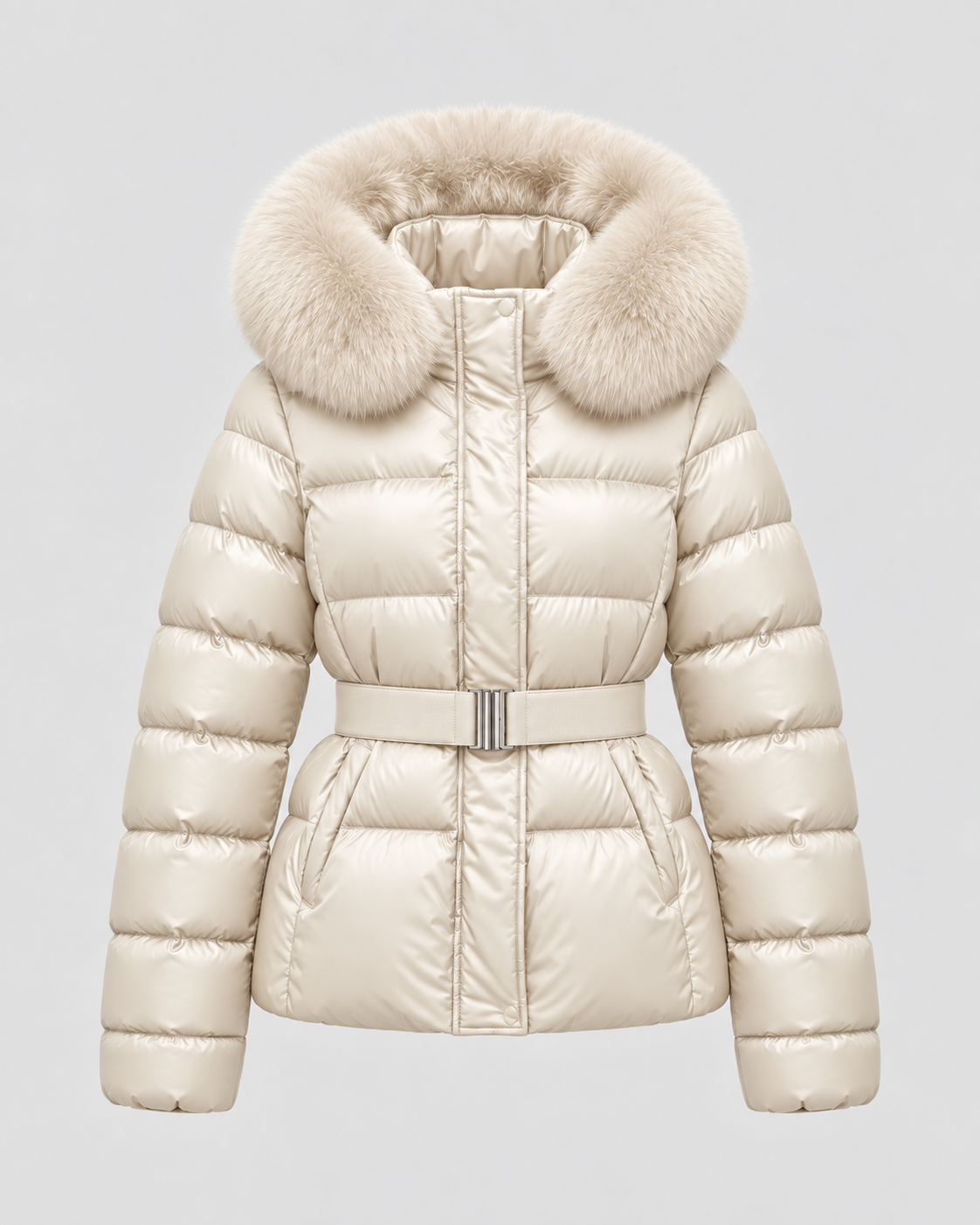Women's Puffer Jacket - Fur-Trim Hood Belted Waist