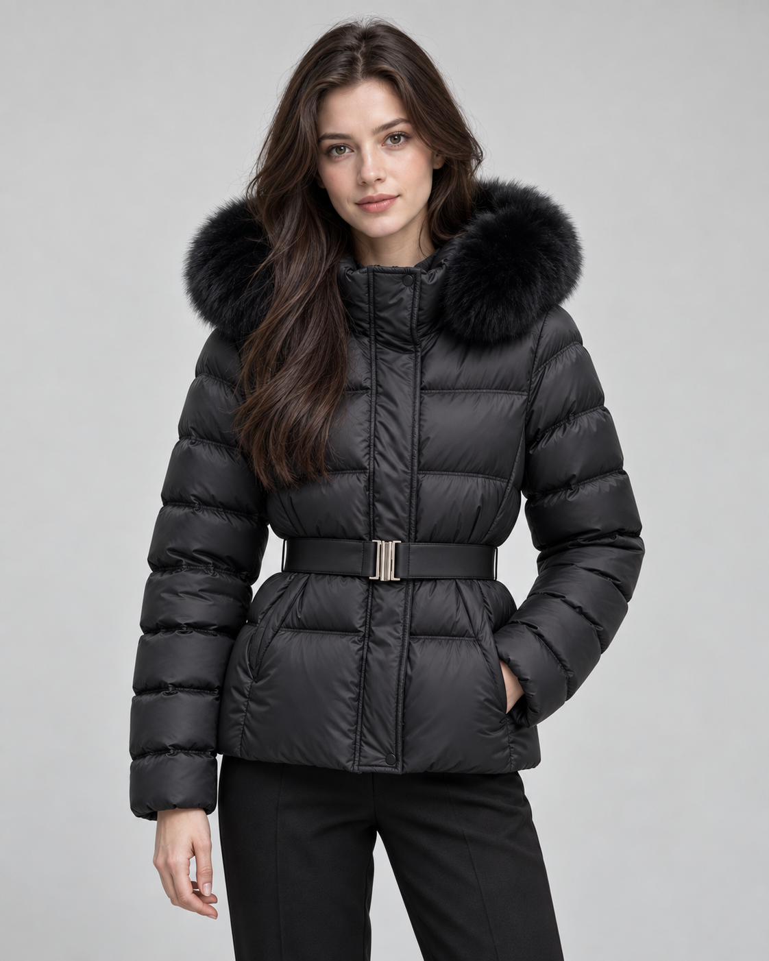 Women's Puffer Jacket - Fur-Trim Hood Belted Waist