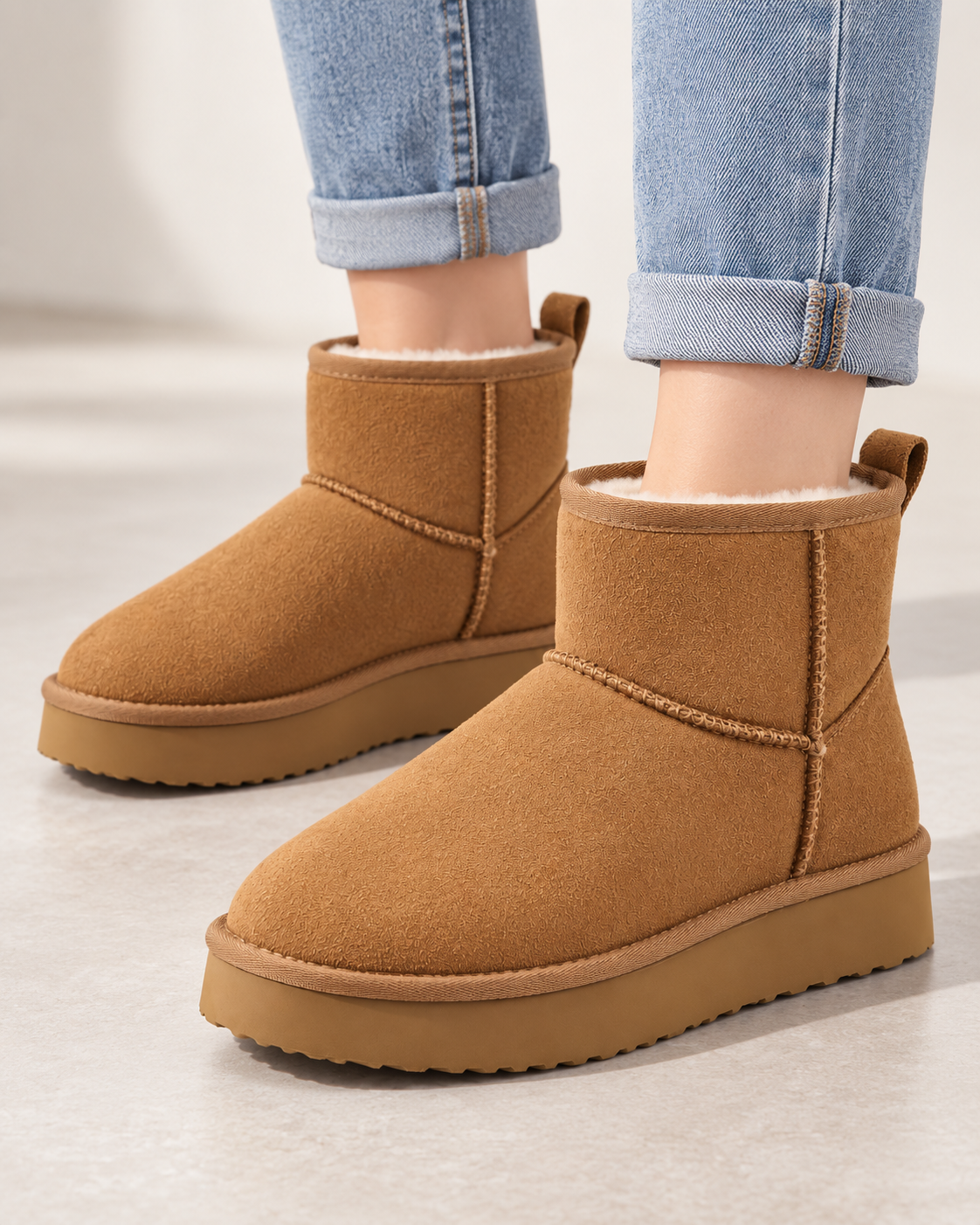Women's Pull-On Ankle Boots - Fleece-Lined Platform Sole