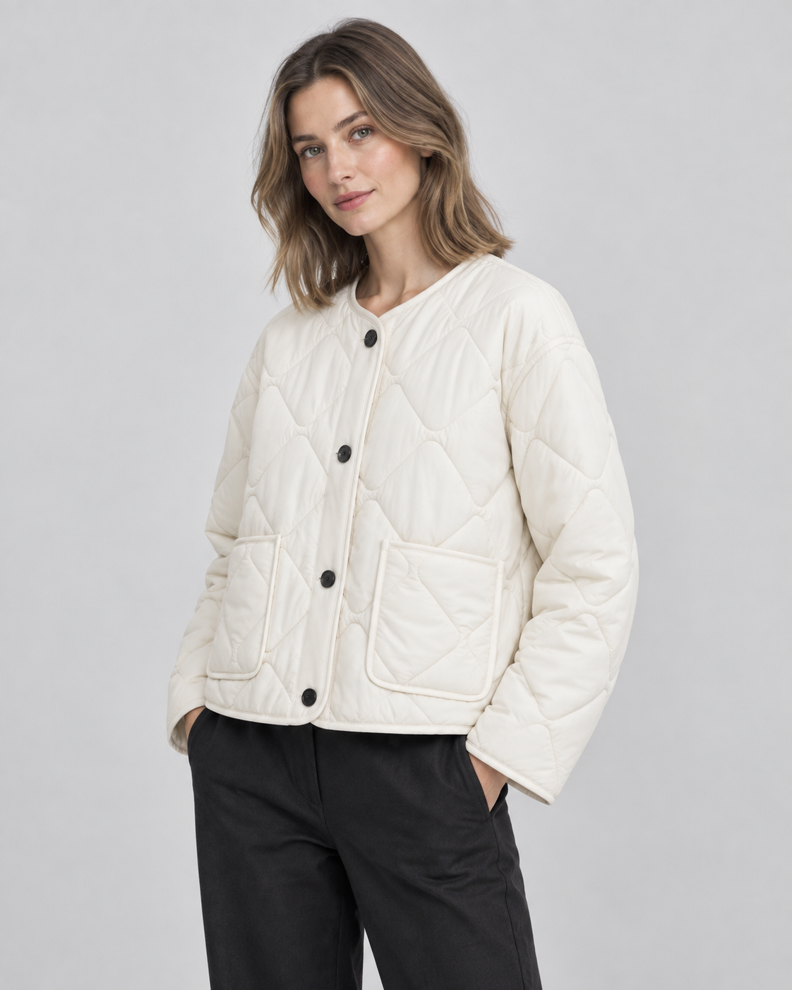 Diamond Quilted Liner Jacket - Collarless Relaxed Fit