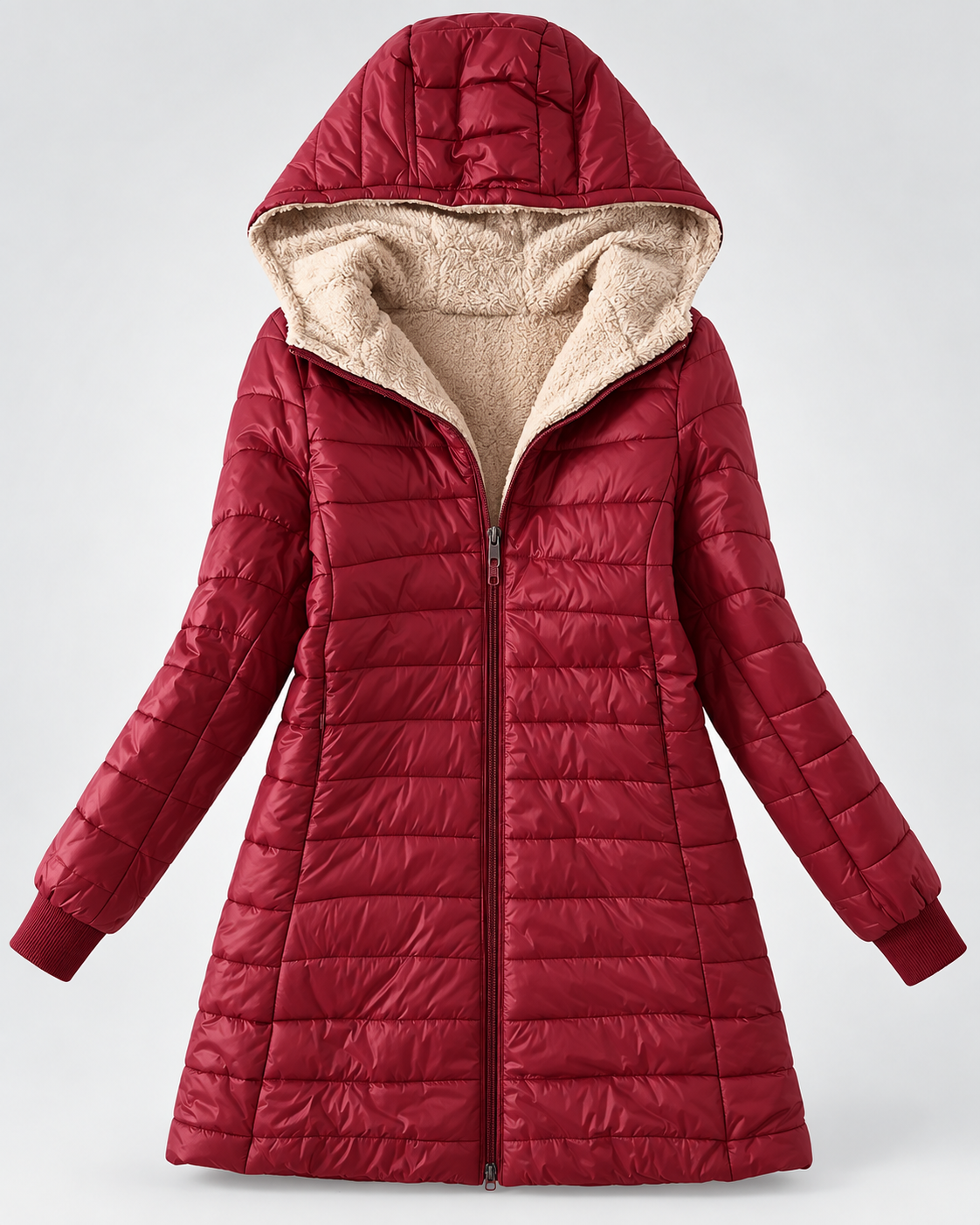 Women's Quilted Puffer Coat with Hood & Ribbed Knit Cuffs