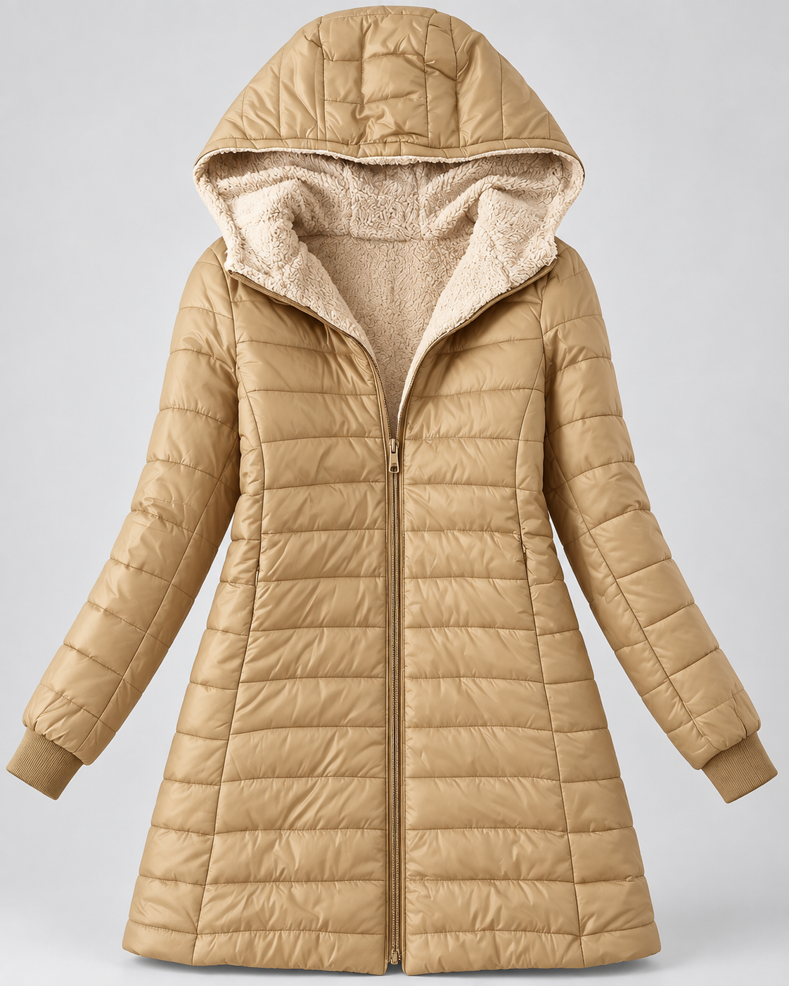 Women's Quilted Puffer Coat with Hood & Ribbed Knit Cuffs