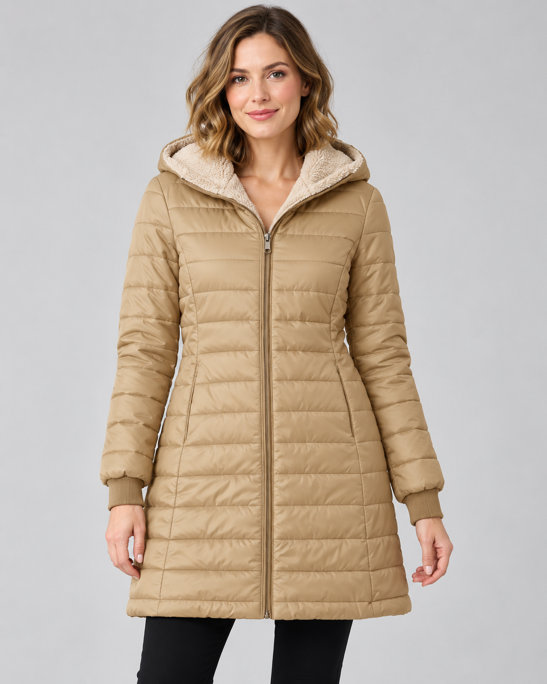 Women's Quilted Puffer Coat with Hood & Ribbed Knit Cuffs