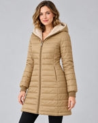 Women's Quilted Puffer Coat with Hood & Ribbed Knit Cuffs