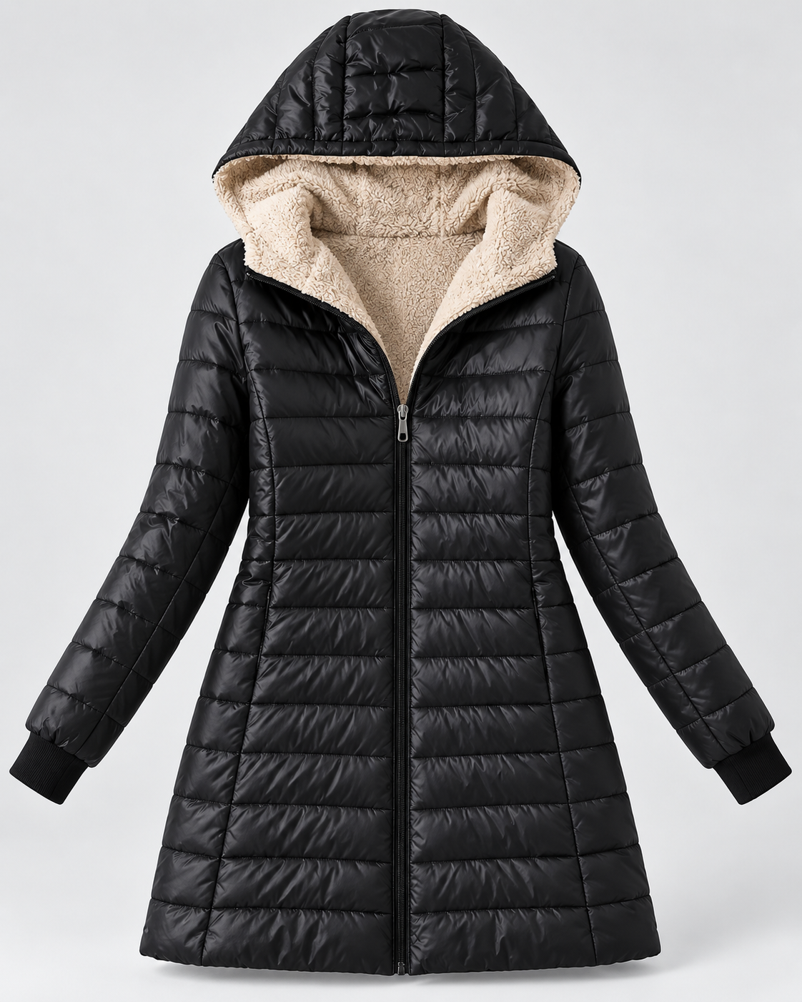 Women's Quilted Puffer Coat with Hood & Ribbed Knit Cuffs