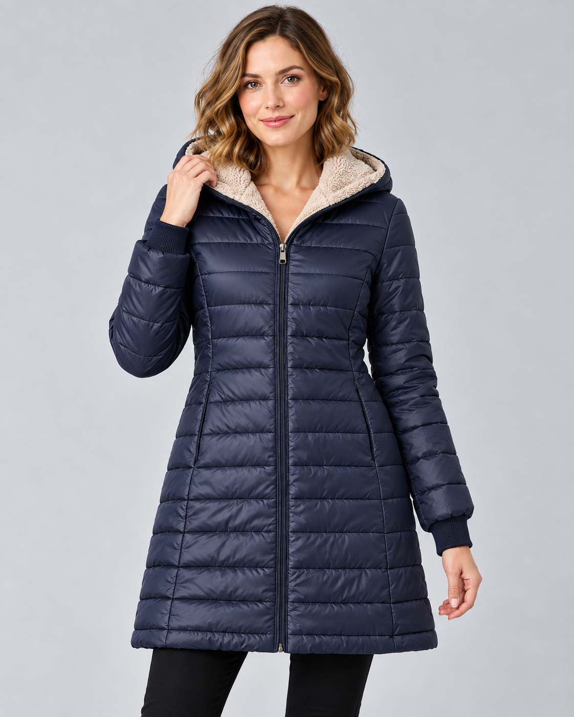 Women's Quilted Puffer Coat with Hood & Ribbed Knit Cuffs