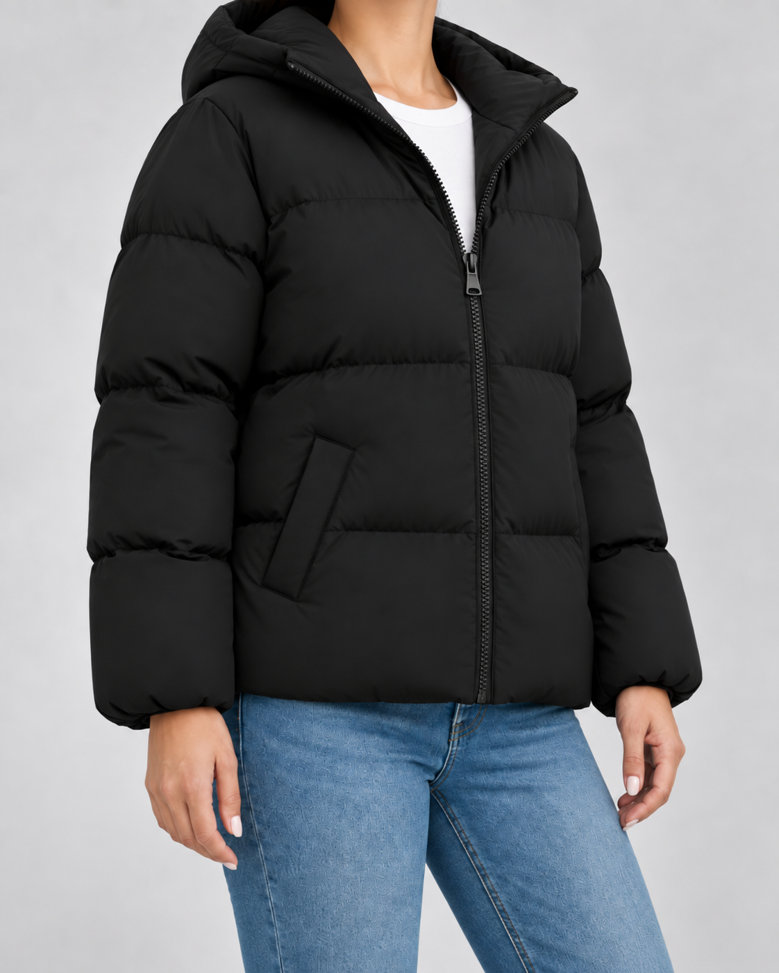 Women's Quilted Puffer Jacket - Hooded Hip-Length Fit