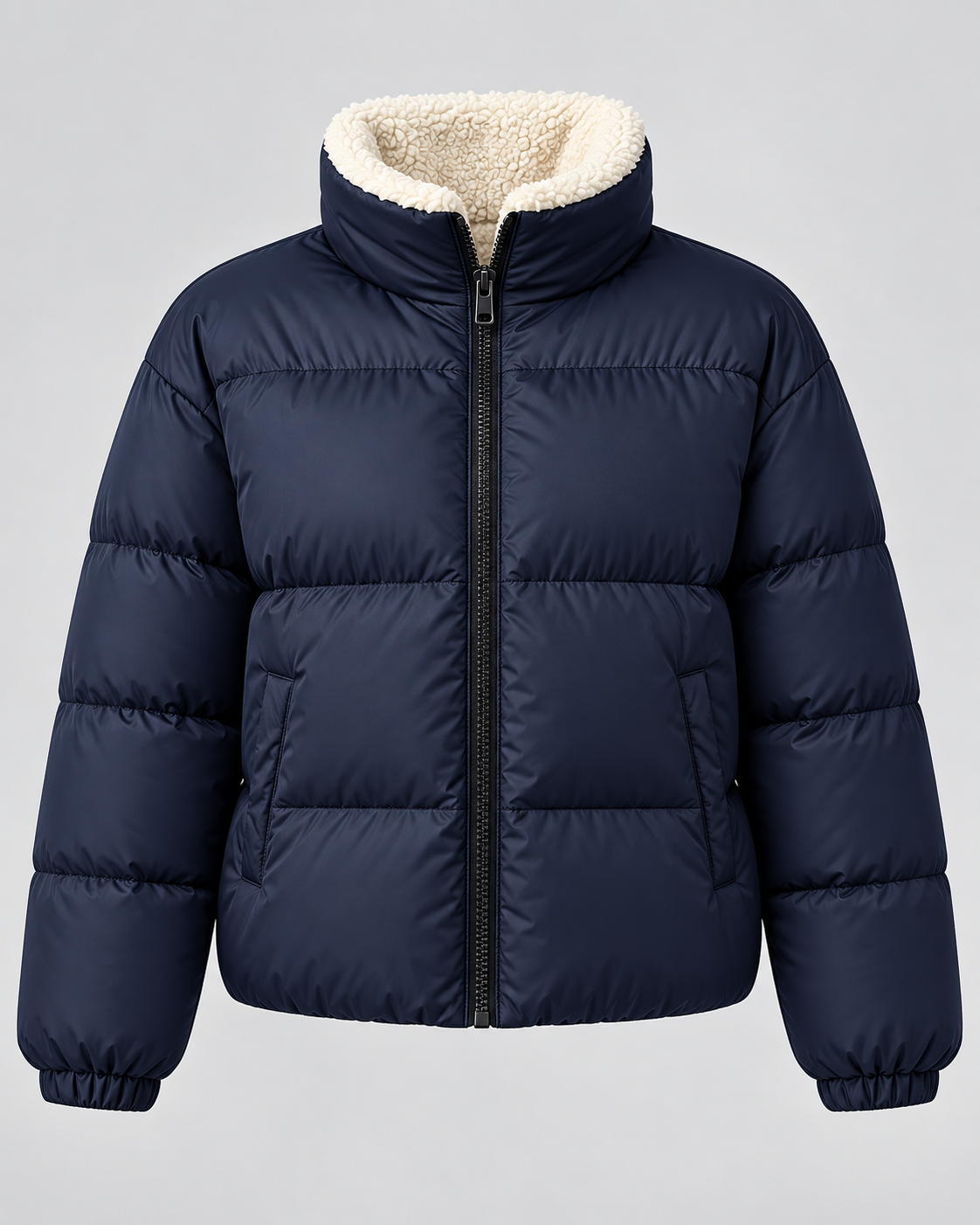 Women's Quilted Puffer Jacket – Teddy-Lined Stand Collar