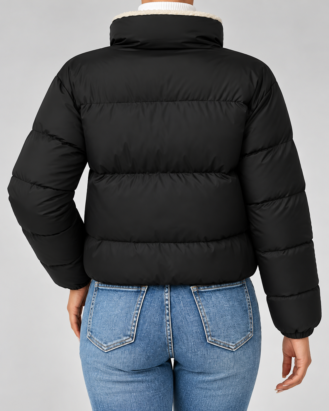 Women's Quilted Puffer Jacket – Teddy-Lined Stand Collar