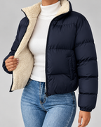 Women's Quilted Puffer Jacket – Teddy-Lined Stand Collar