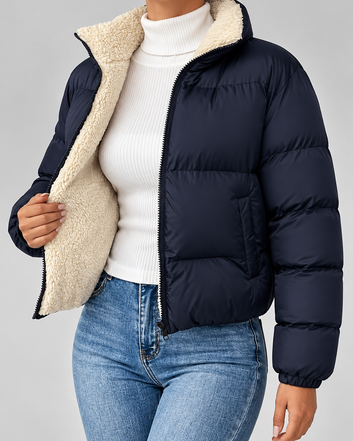 Women's Quilted Puffer Jacket – Teddy-Lined Stand Collar