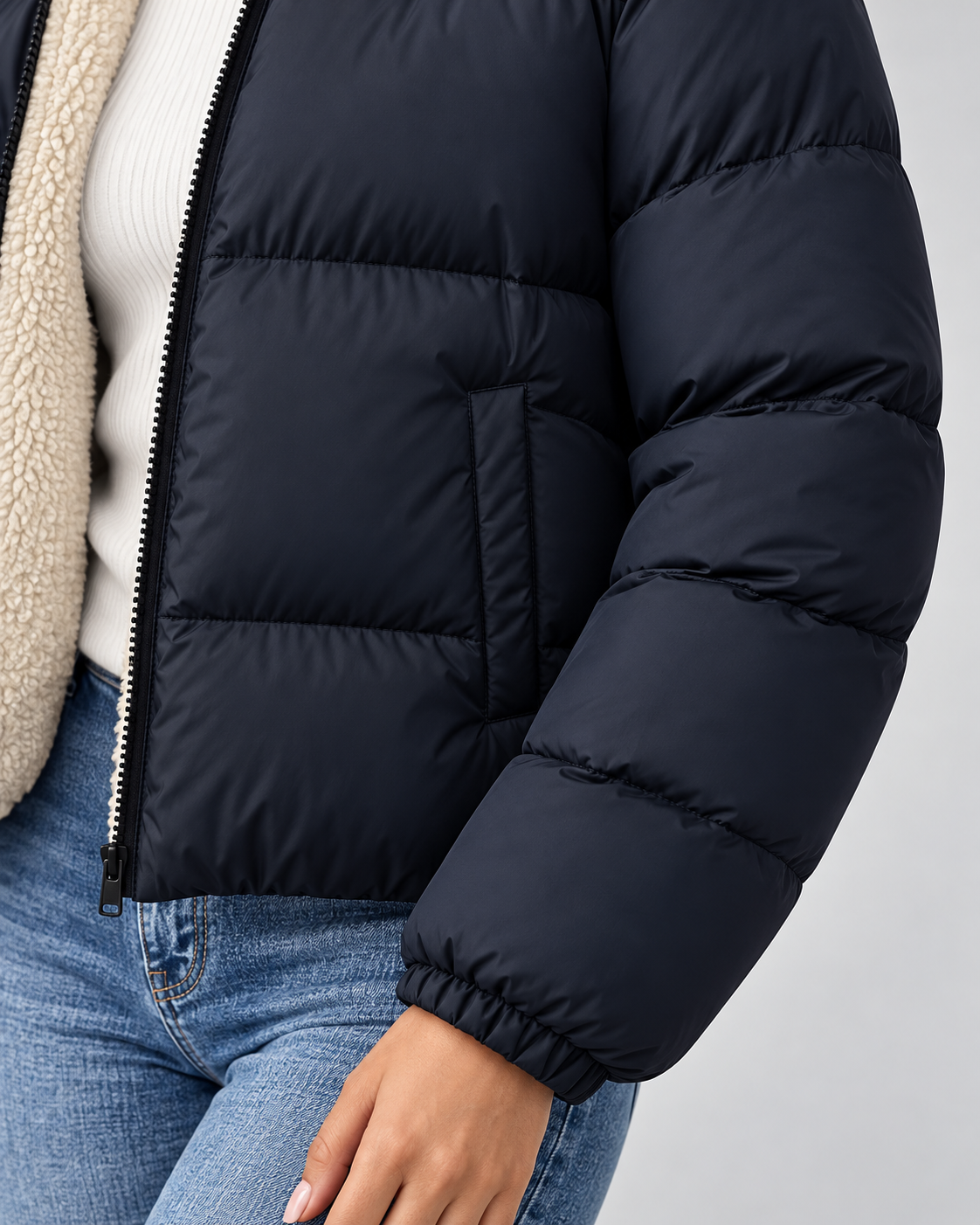 Women's Quilted Puffer Jacket – Teddy-Lined Stand Collar