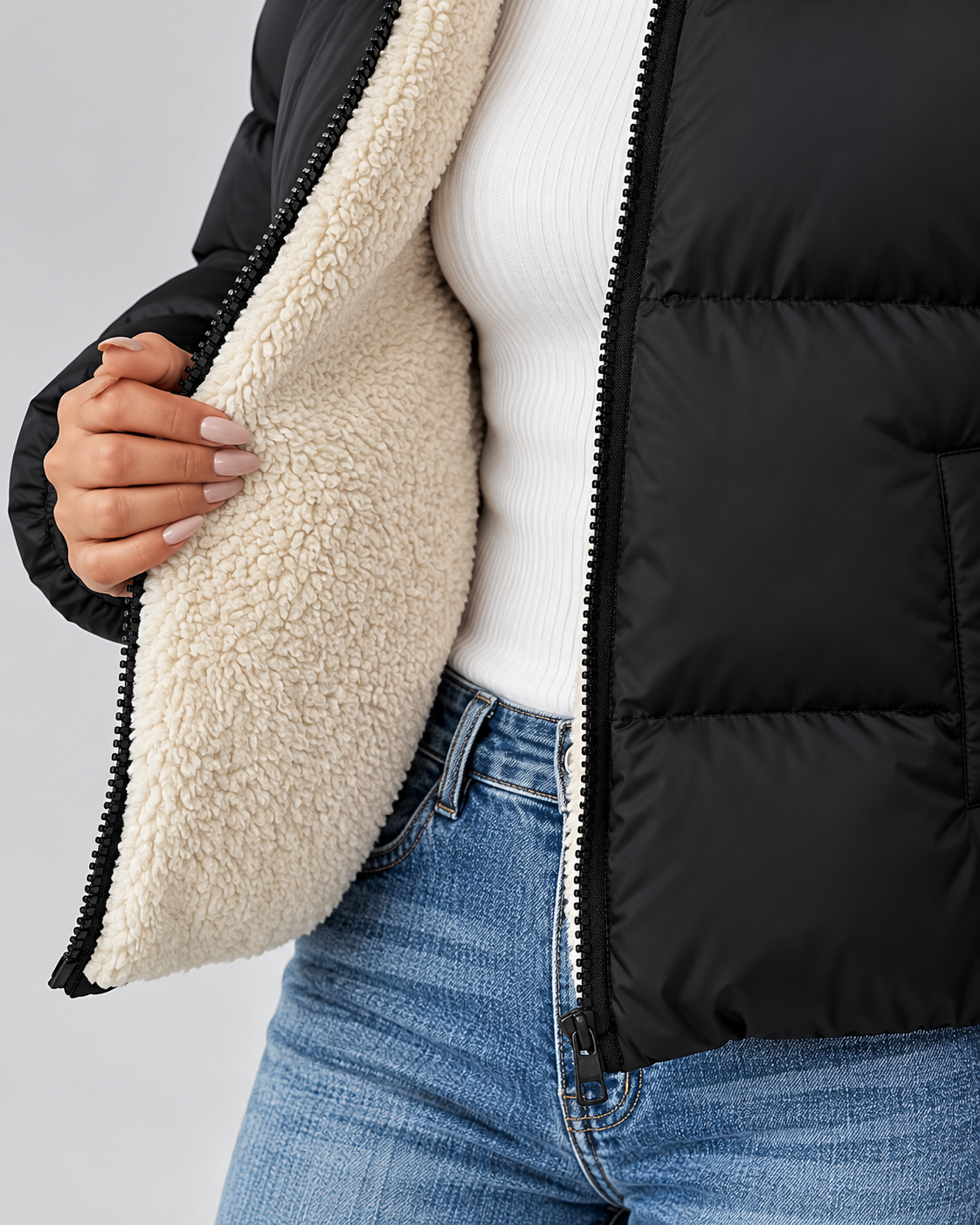 Women's Quilted Puffer Jacket – Teddy-Lined Stand Collar