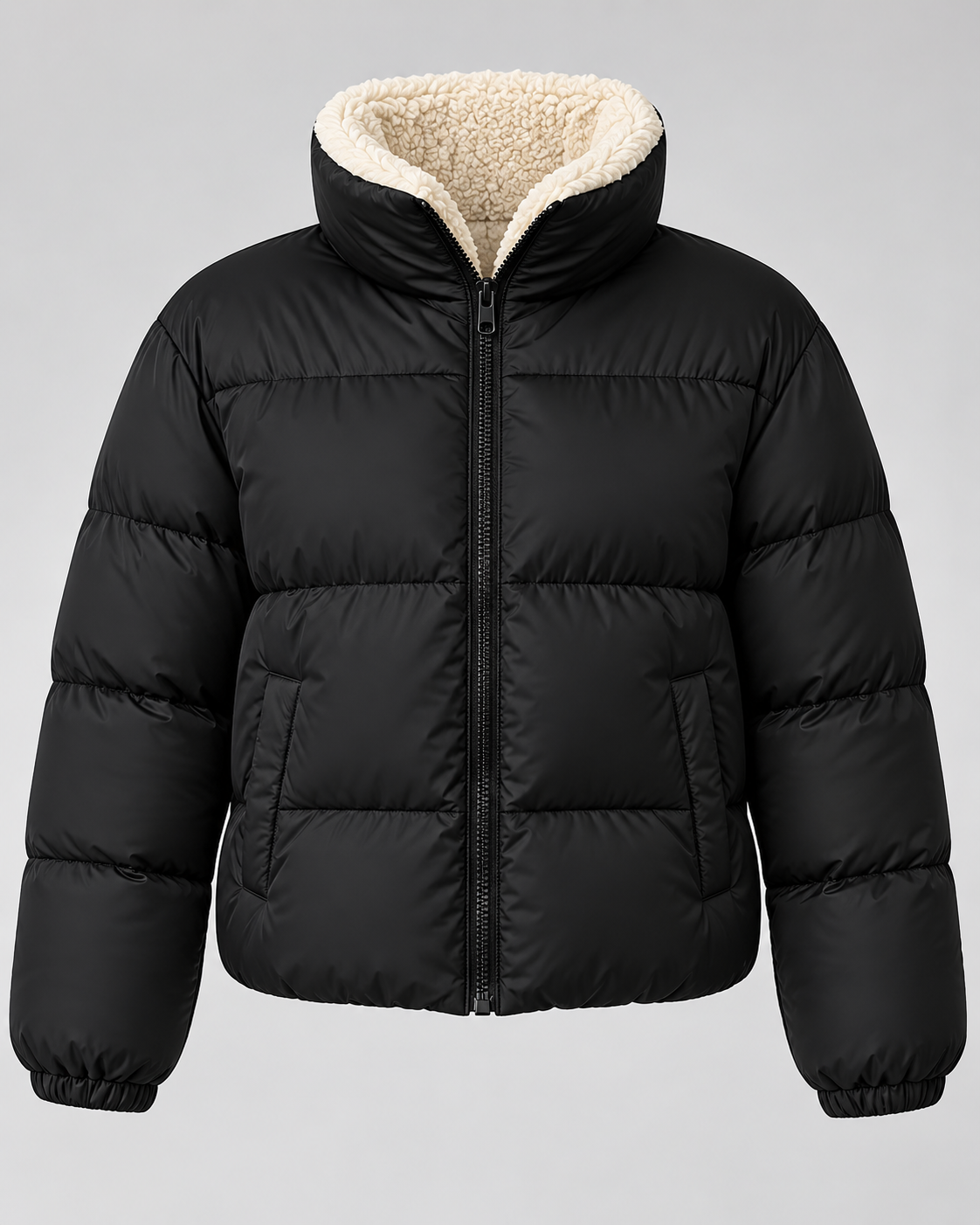 Women's Quilted Puffer Jacket – Teddy-Lined Stand Collar