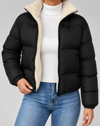 Women's Quilted Puffer Jacket – Teddy-Lined Stand Collar