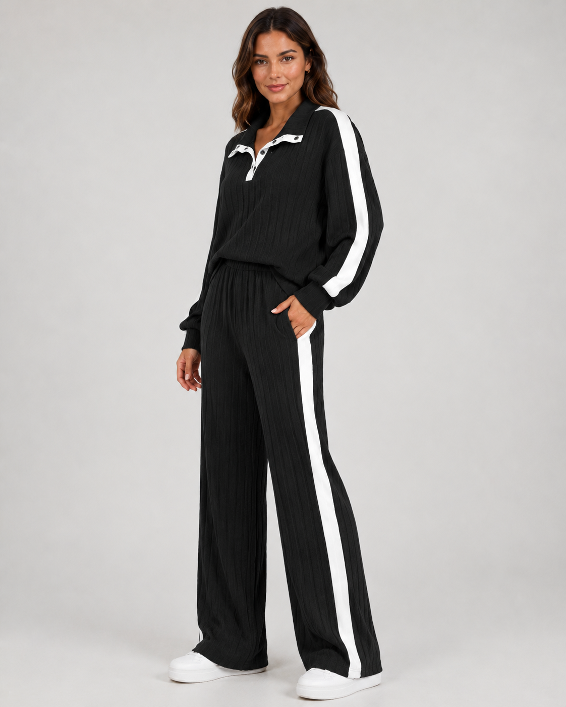 Women's Ribbed Polo Collar Co-Ord with Side Stripe
