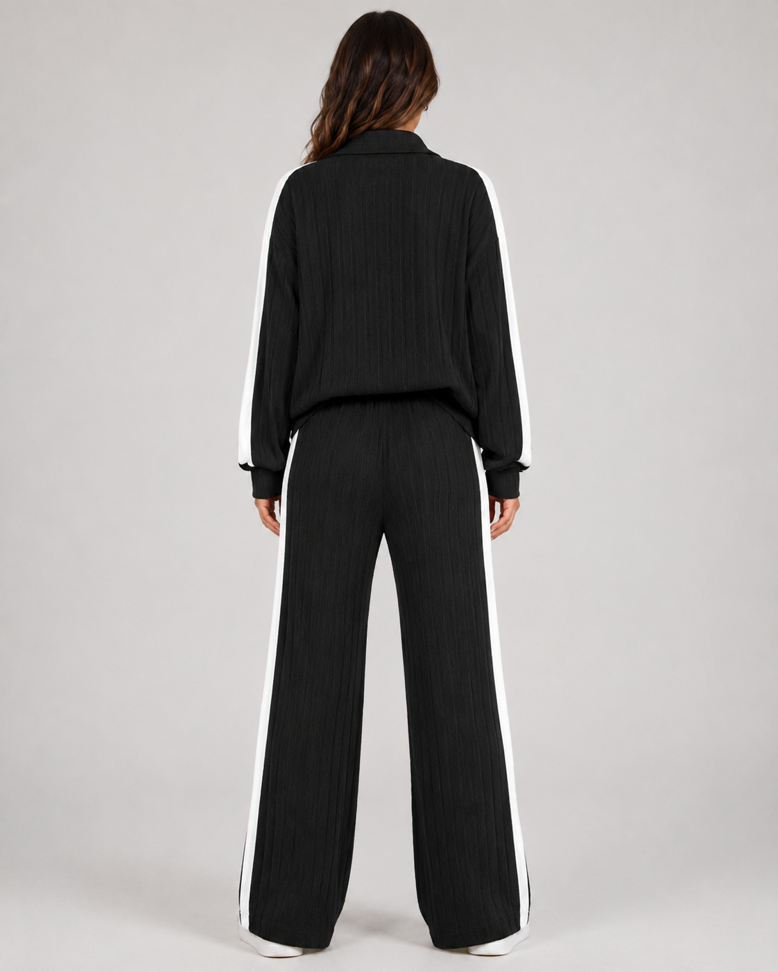 Women's Ribbed Polo Collar Co-Ord with Side Stripe