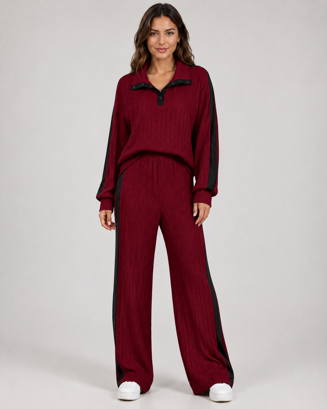 Women's Ribbed Polo Collar Co-Ord with Side Stripe