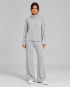 Women's Ribbed Roll Neck Knit Co-Ord with Wide-Leg Pants