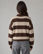 Women's Rugby Stripe Polo Sweater - Relaxed Long Sleeve Fit