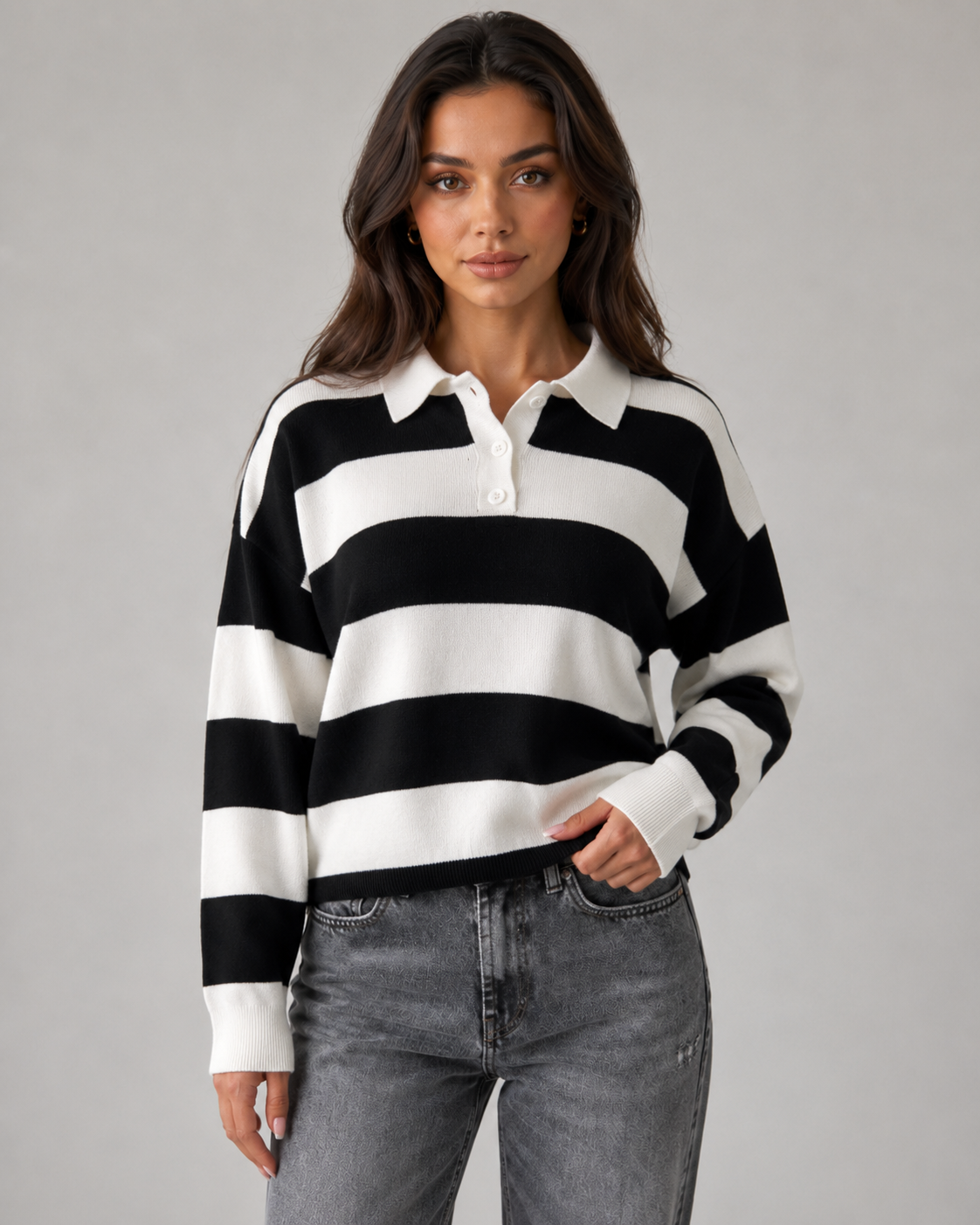 Women's Rugby Stripe Polo Sweater - Relaxed Long Sleeve Fit