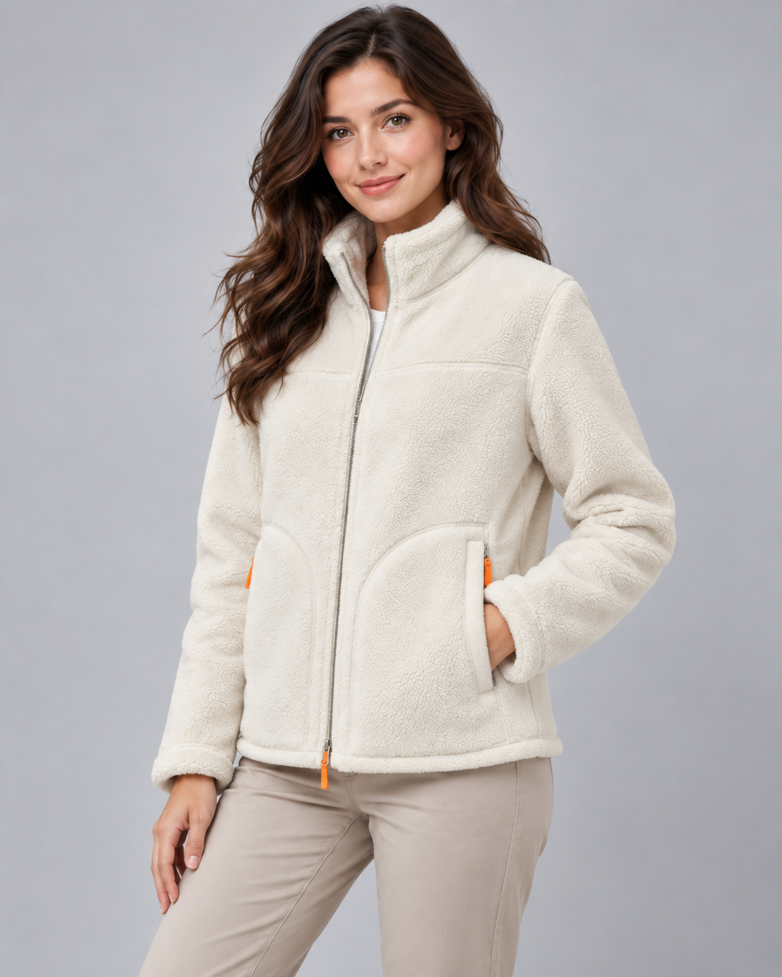 Women's Sherpa Fleece Zip Jacket - Stand Collar with Pockets