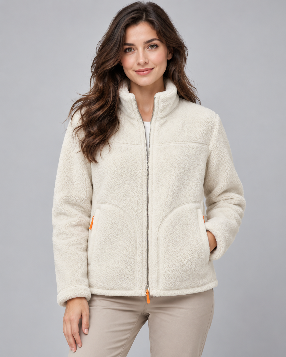 Women's Sherpa Fleece Zip Jacket - Stand Collar with Pockets