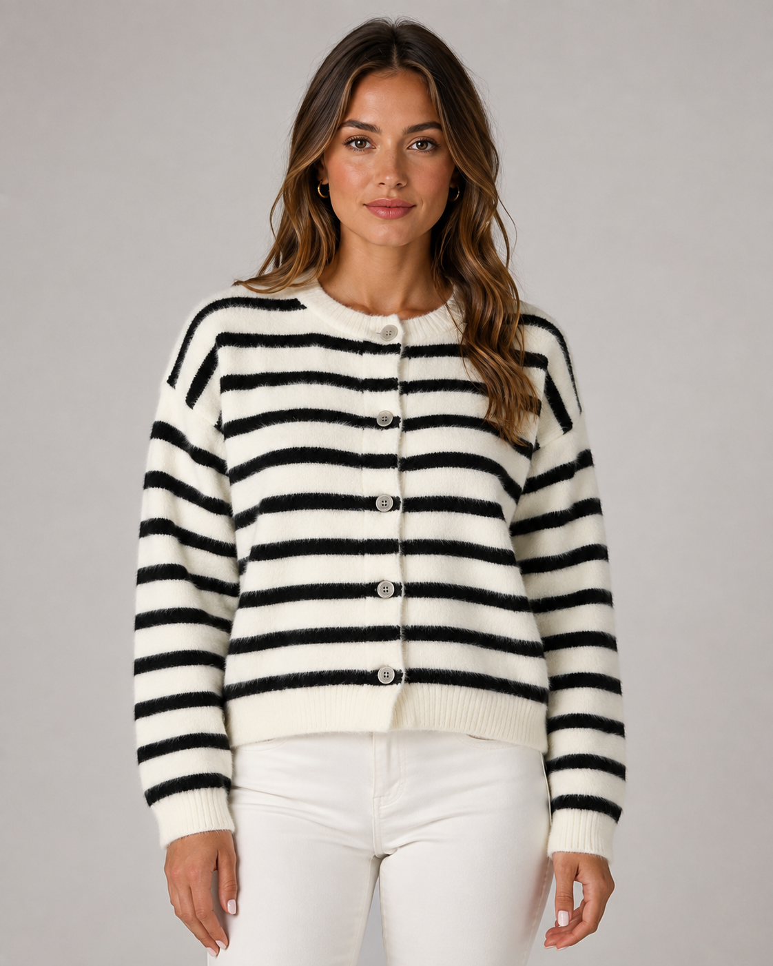 Women's Striped Button-Front Cardigan - Relaxed Knit