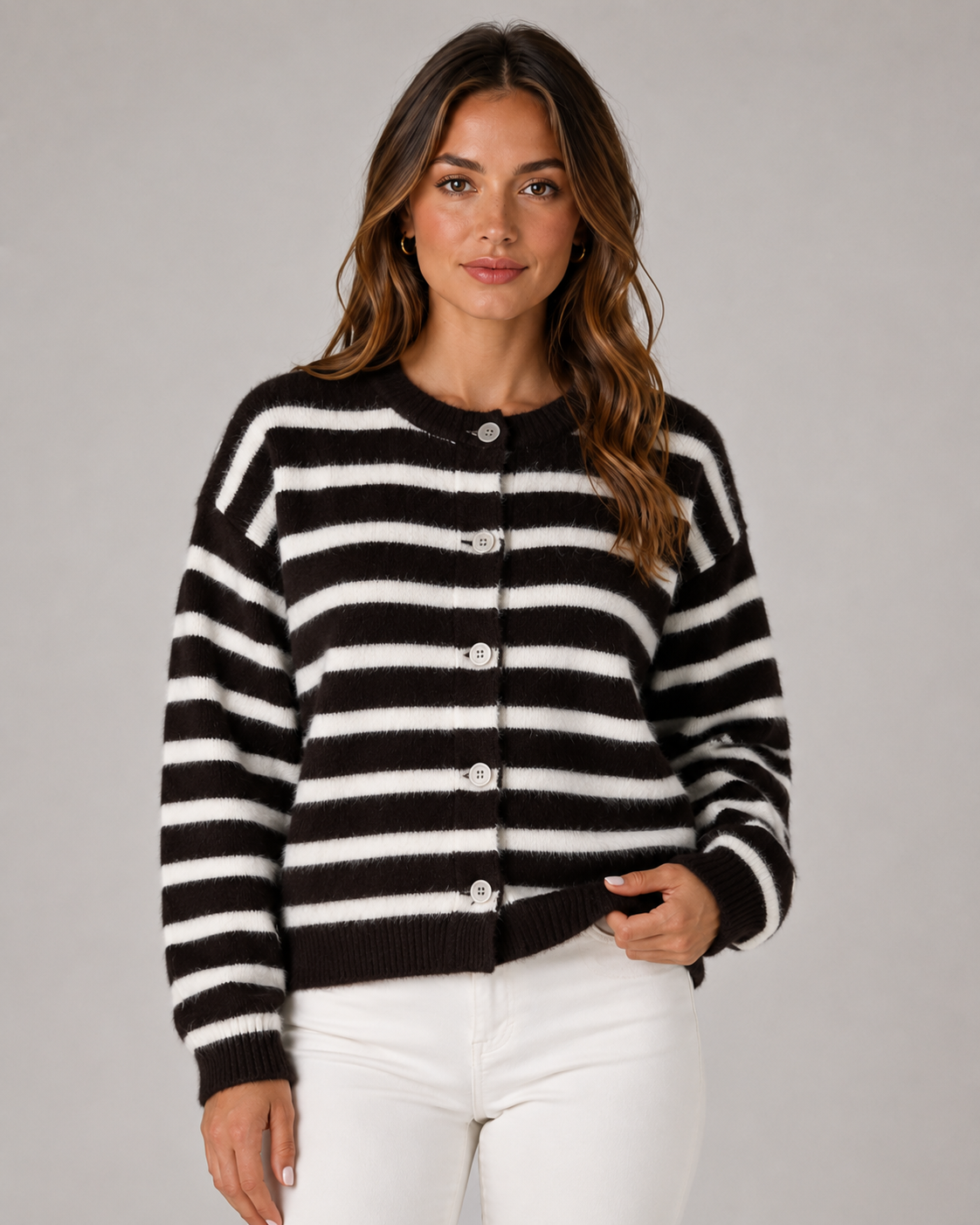 Women's Striped Button-Front Cardigan - Relaxed Knit