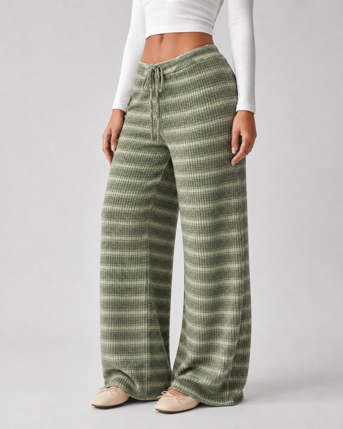 Women's Striped Knit Wide-Leg Sweatpants - Drawstring Waist