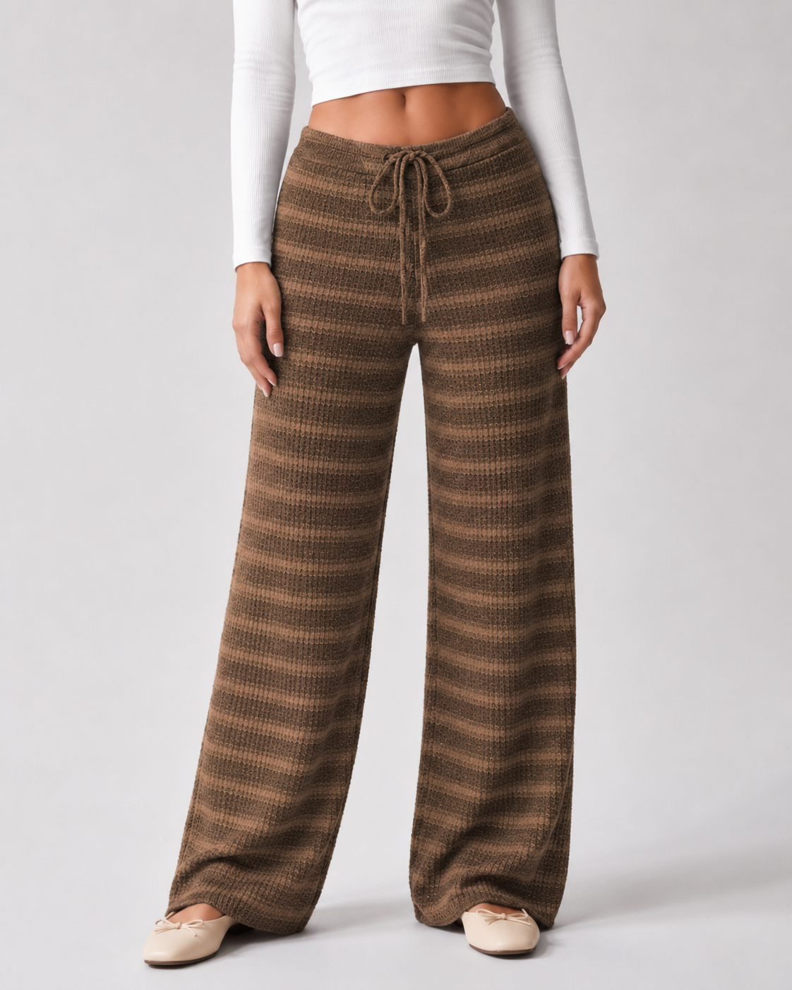 Women's Striped Knit Wide-Leg Sweatpants - Drawstring Waist