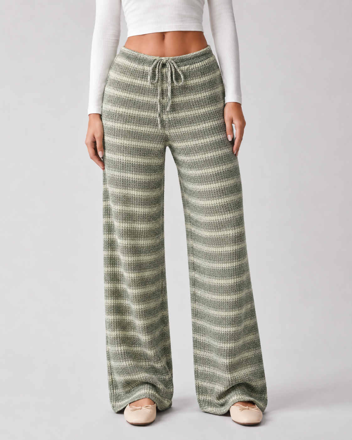 Women's Striped Knit Wide-Leg Sweatpants - Drawstring Waist