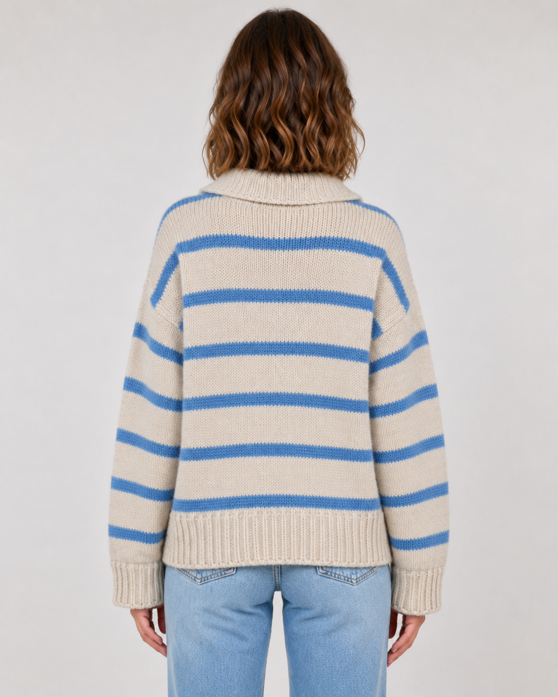 Women's Striped Polo Collar Sweater - Relaxed Fit