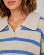 Women's Striped Polo Collar Sweater - Relaxed Fit