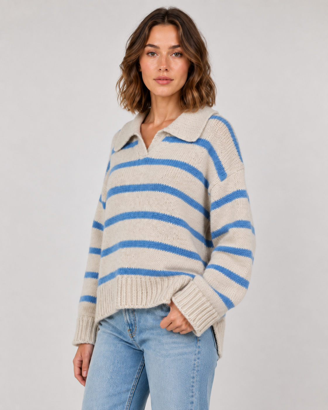 Women's Striped Polo Collar Sweater - Relaxed Fit