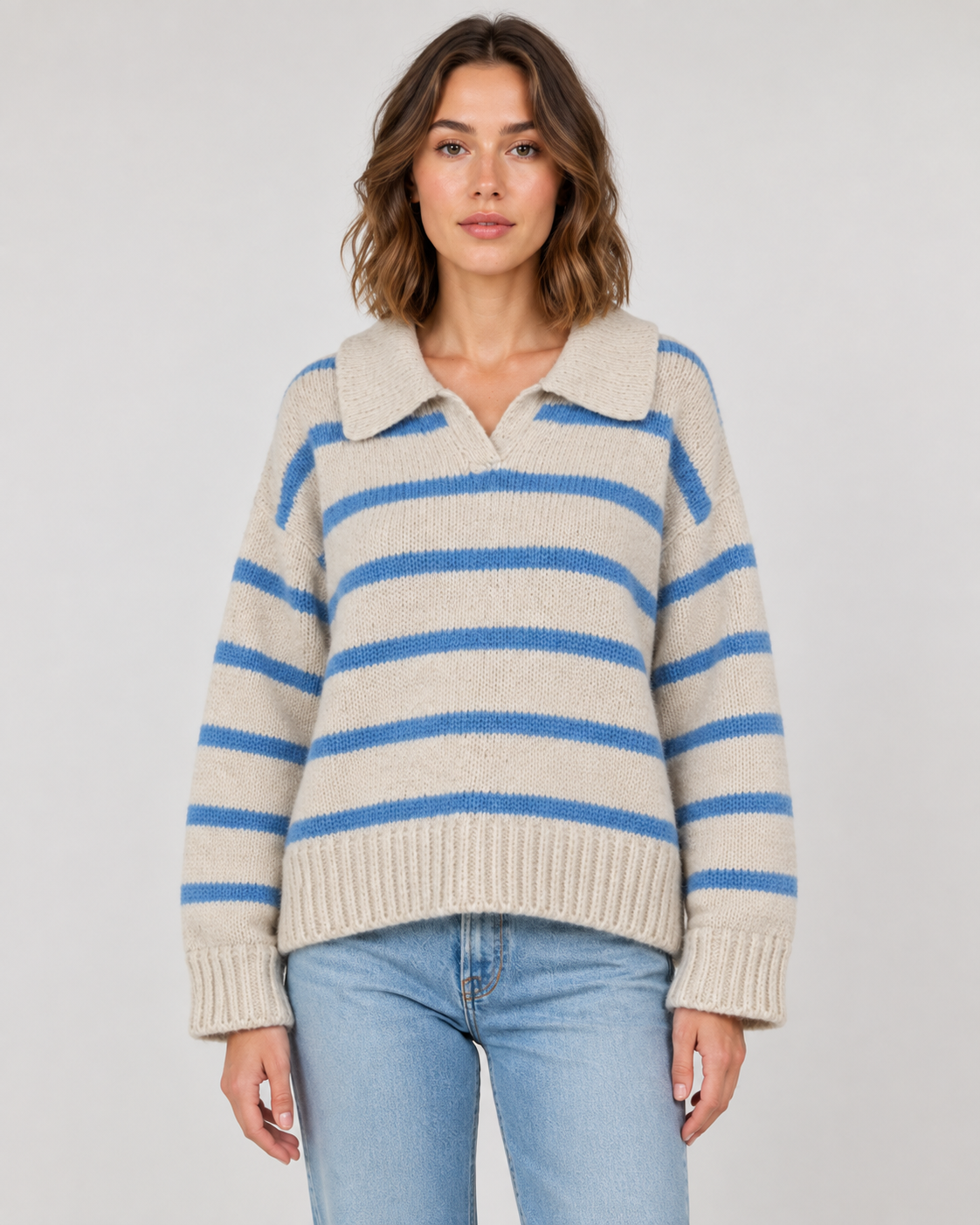 Women's Striped Polo Collar Sweater - Relaxed Fit