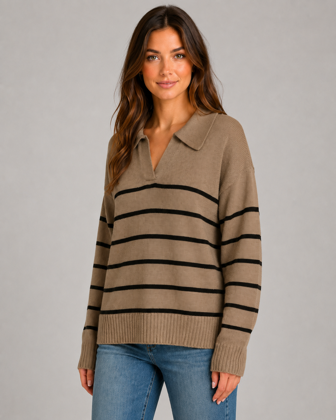 Women's Striped Polo Sweater - Open Collar