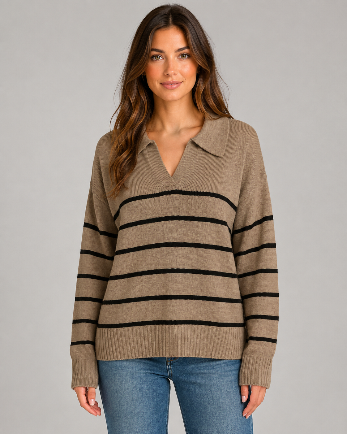 Women's Striped Polo Sweater - Open Collar
