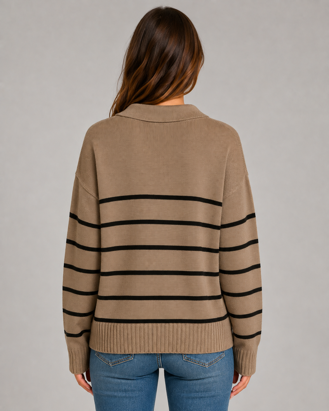 Women's Striped Polo Sweater - Open Collar