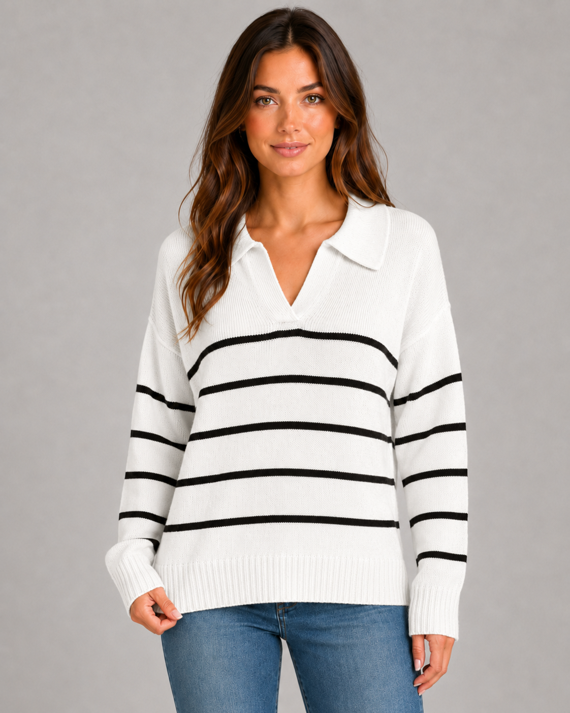 Women's Striped Polo Sweater - Open Collar