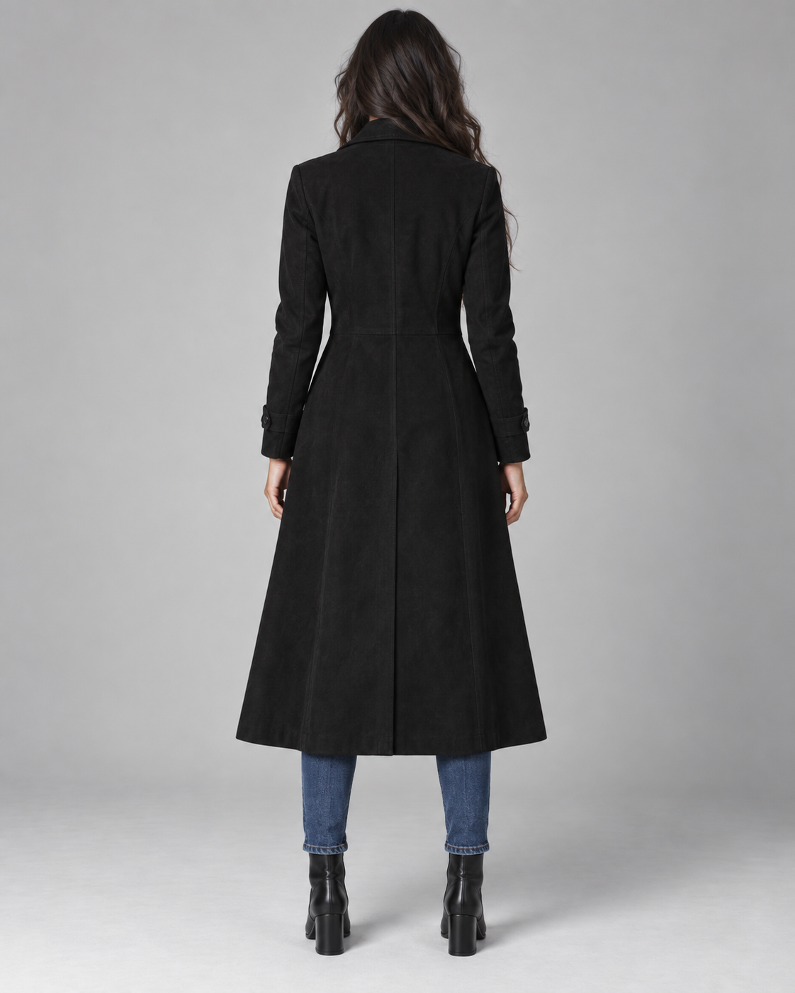 Women's Suede Long Coat – Notched Lapel Button Front Tailored Fit