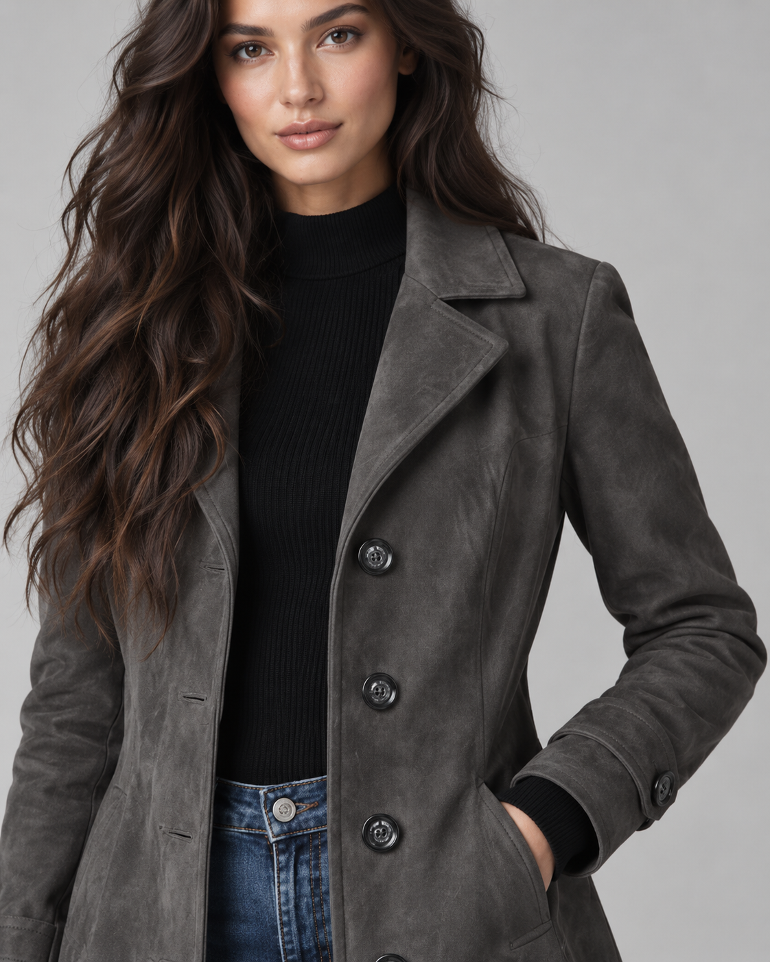 Women's Suede Long Coat – Notched Lapel Button Front Tailored Fit