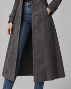 Women's Suede Long Coat – Notched Lapel Button Front Tailored Fit