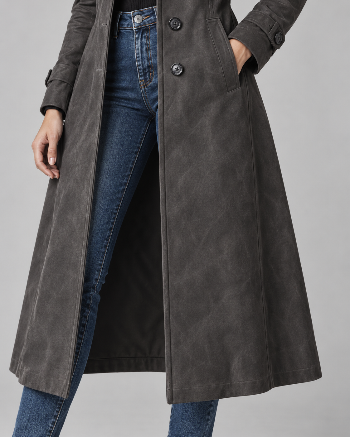 Women's Suede Long Coat – Notched Lapel Button Front Tailored Fit
