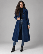 Women's Suede Long Coat – Notched Lapel Button Front Tailored Fit